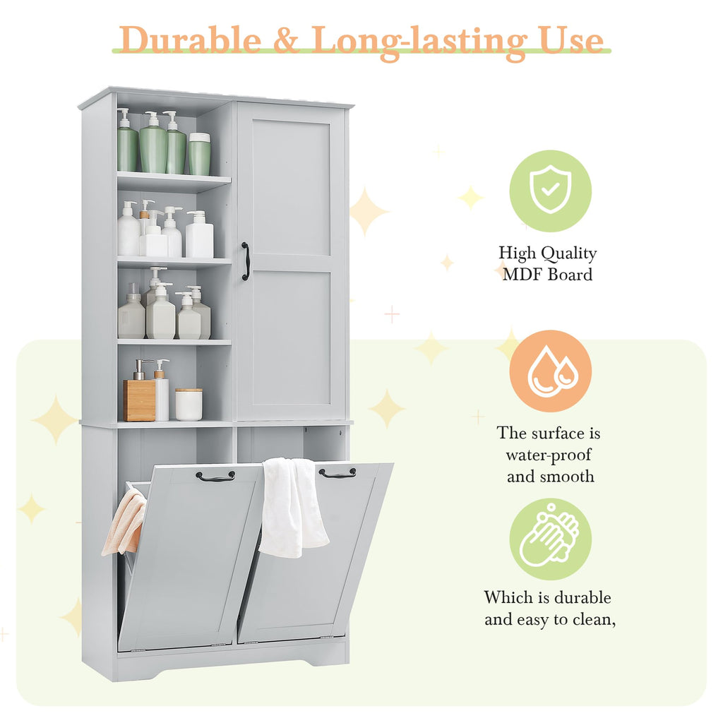 Tall Laundry Cabinet with 2 Tilt Out Laundry Hamper, Wood Bathroom Storage Cabinet with Doors and Adjustable Shelves