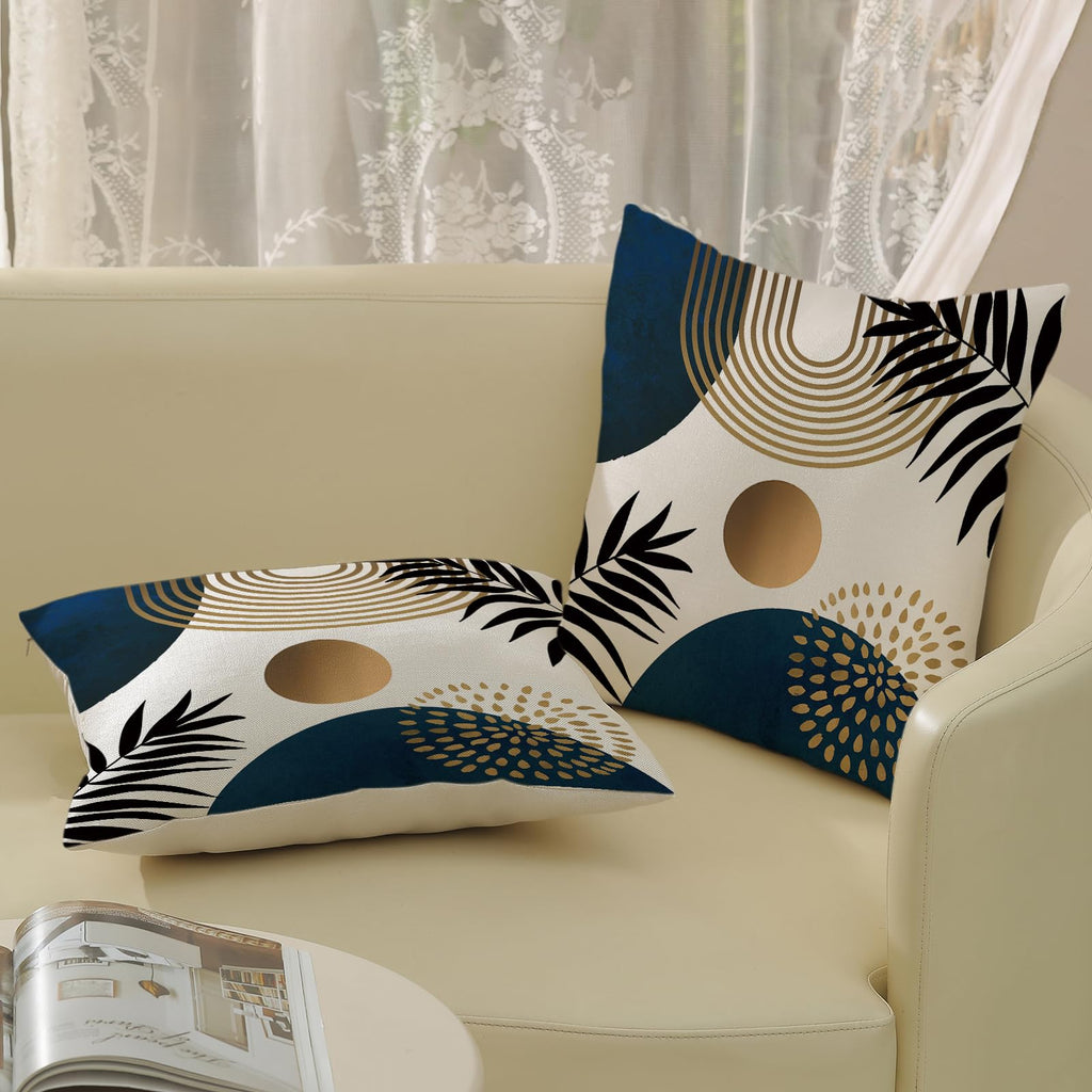 Boho Pillow Covers 20x20 Set of 2 Navy Blue Black Gold Tropical Leaf Geometric Throw Pillow Covers Outdoor Decor Mid