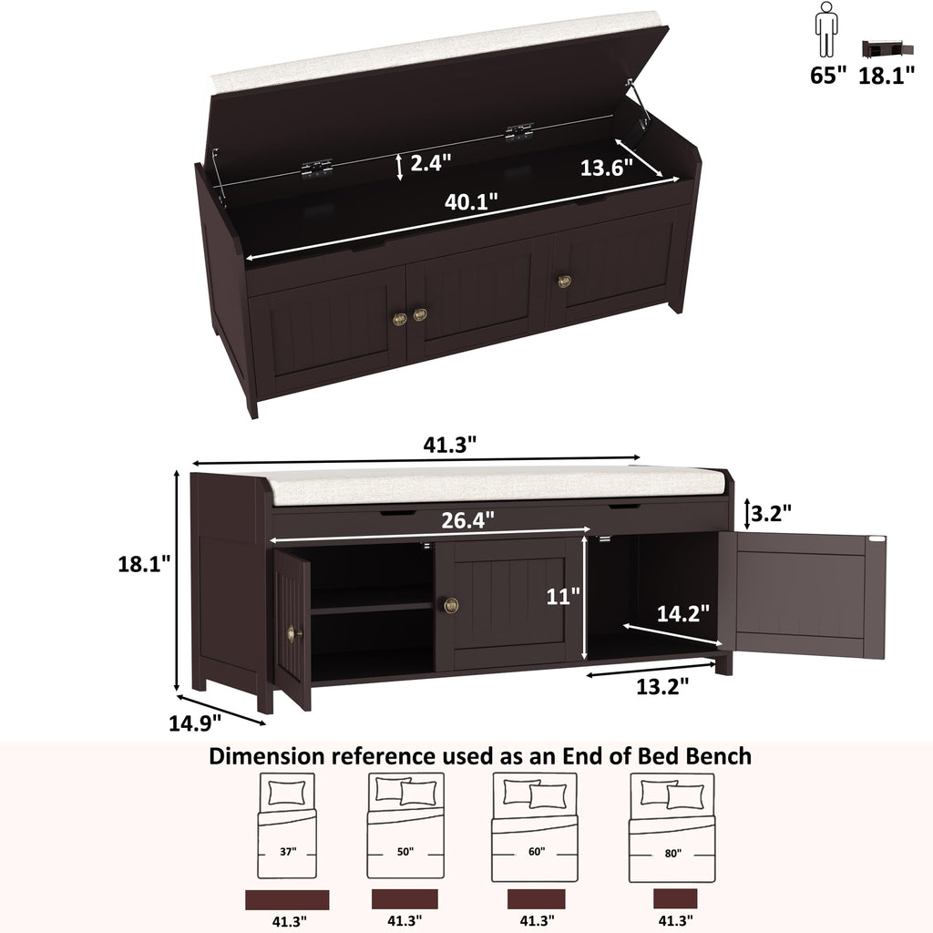 41.3" Shoe Bench with Lift Top Storage, Entryway Bench with Cushioned Seat, Wooden End of Bed Bench, Shoe Cabinet