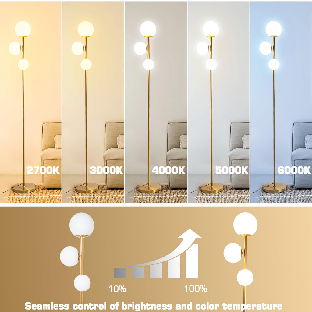 Mid Century Gold Floor Lamp - Dimmable, Remote & Touch, 3-Light
