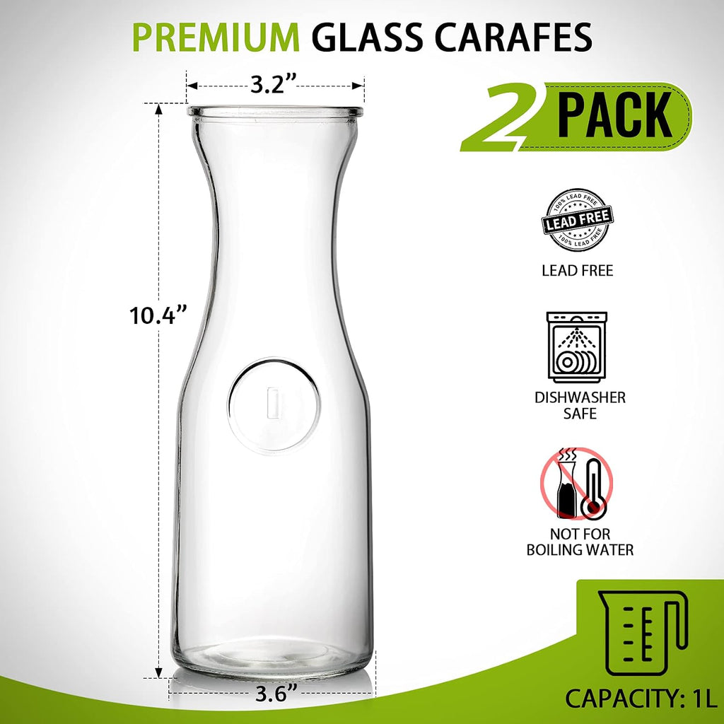 Set of 2 Glass Carafe with Lids, 1 Liter Water Pitcher Carafe for Mimosa Bar, Brunch, Cold Water, Beverage, Wine
