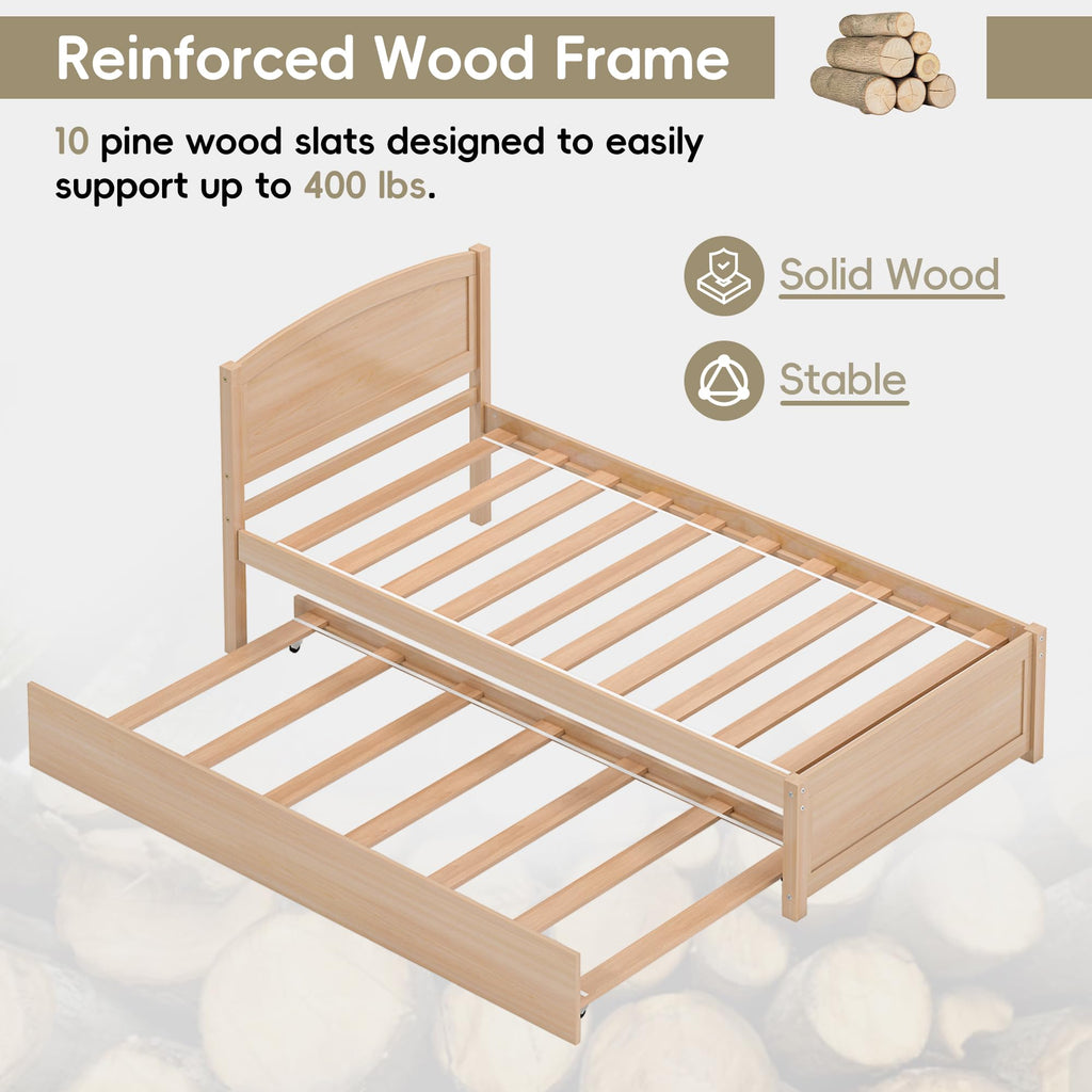 Twin Trundle Bed, Solid Wooden Pull Out Bed Frame, Extendable Day Bed with Headboard and Soild Wood Slats Support