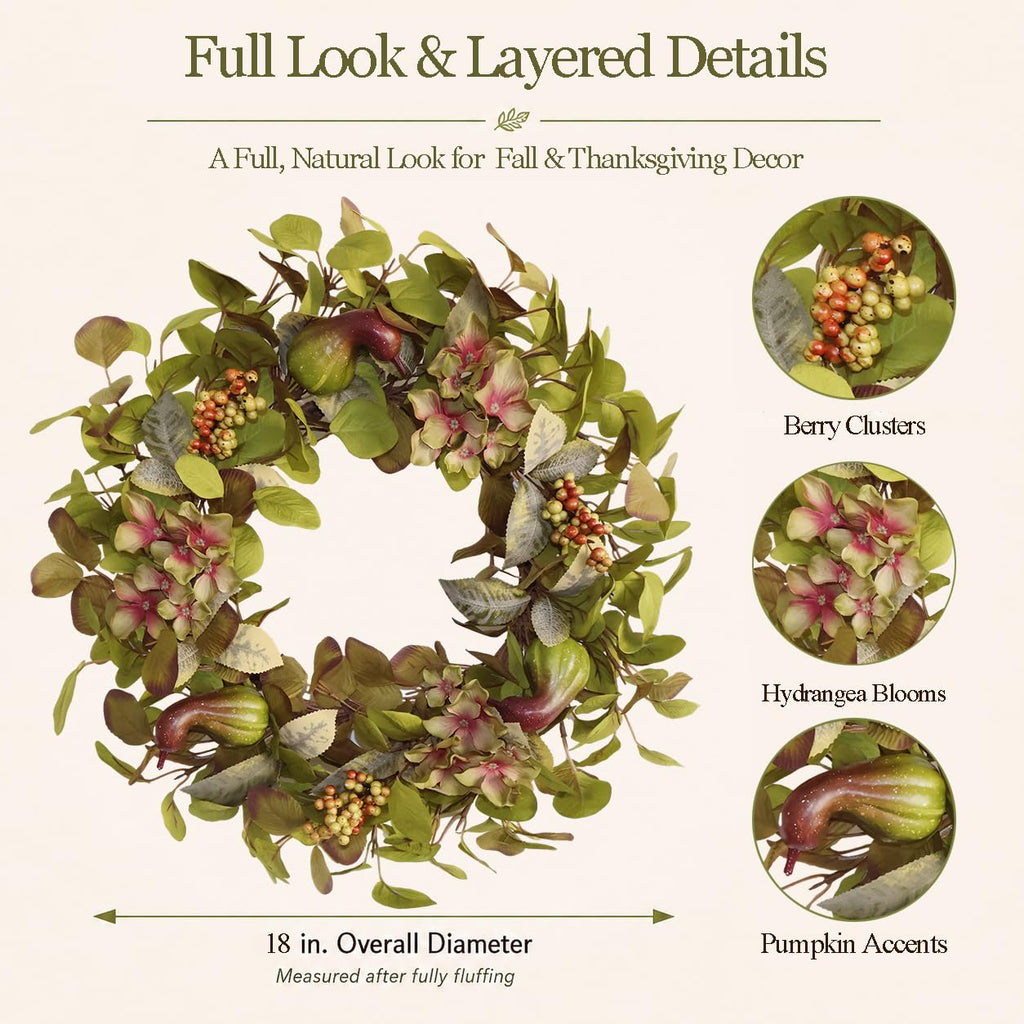18 Inch Hydrangea Fall Wreath with 3 Pumpkins and 3 Berry Clusters