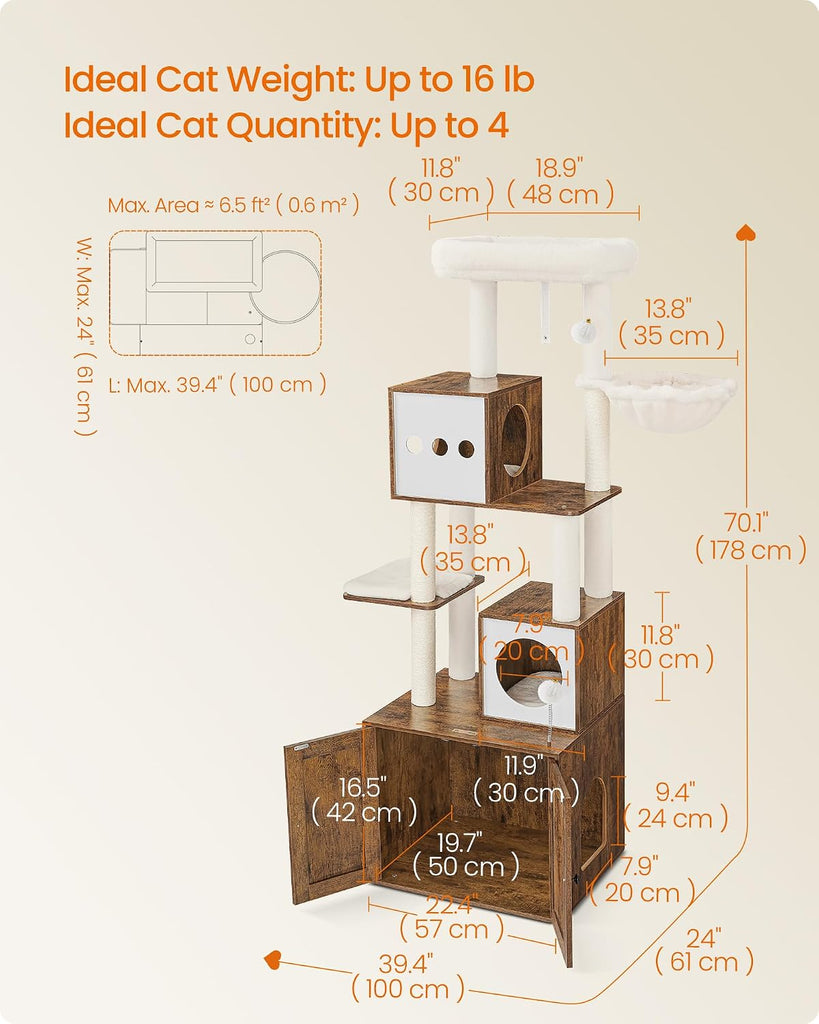 Cat Tree with Litter Box Enclosure, 70.1-Inch Tall Cat Tower