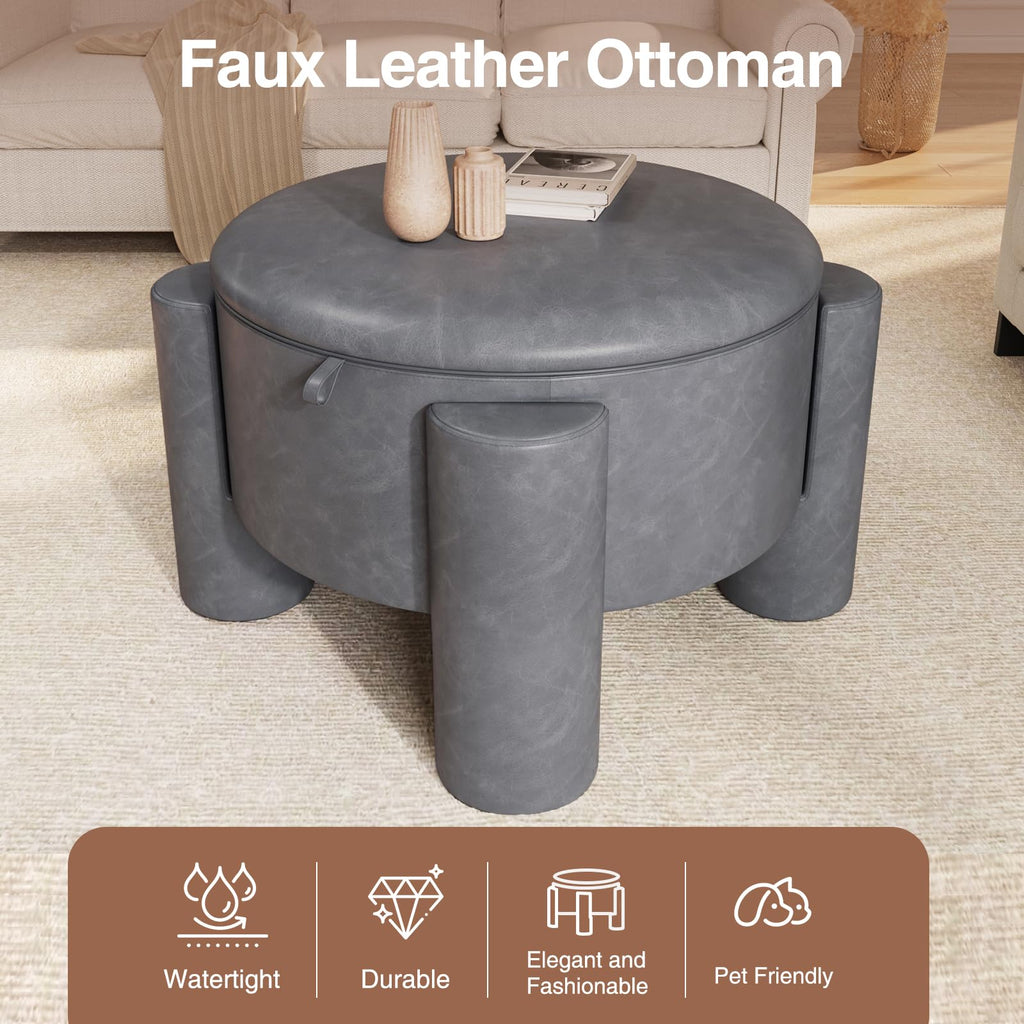 24 Inch Round Small Ottoman with Storage, Faux Leather