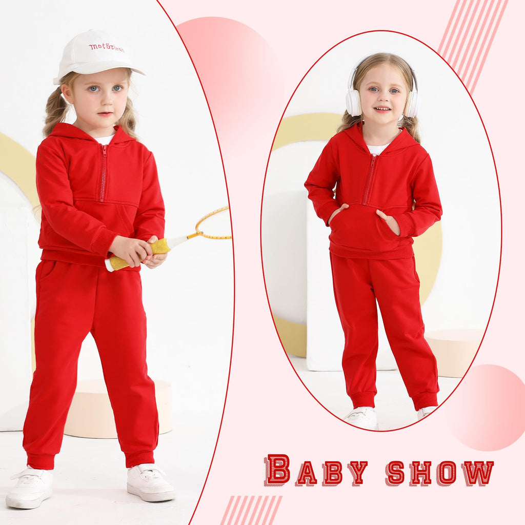 Baby Clothes for Girls Boys Solid Color Half-Zip Sweatshirt and Sweatpants Outfits Set Fall Toddler Sweatsuit (Red