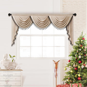 Faux Linen Curtain Valance Japanese Style Modern Curtain Valance Solid Light Coffee with Black Tassel, Rod Pocket