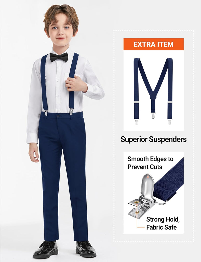 Boys Formal Suit Set, 3 Styling Looks, Adjustable Waist & Suspenders