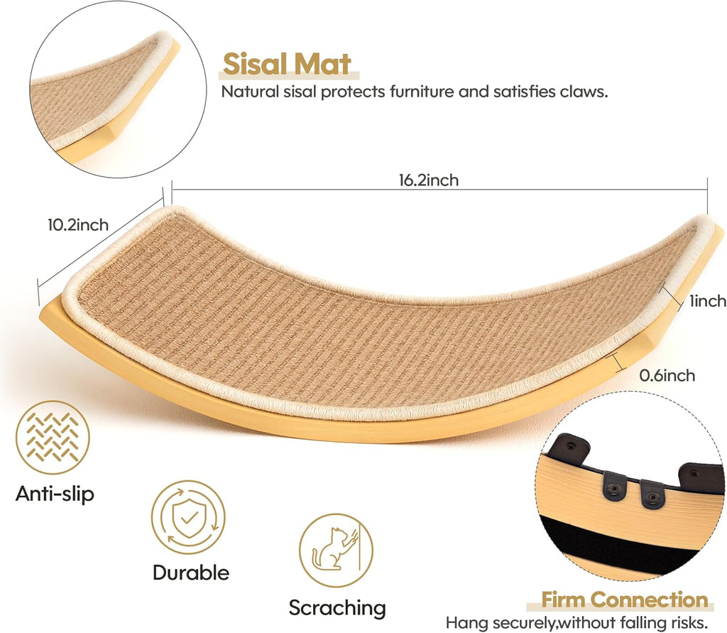 Cat Wall Shelves Set with Sisal Cats Stairs, 4 Piece Wooden Climbing Furniture with Scratchable Curved Bed, Flat