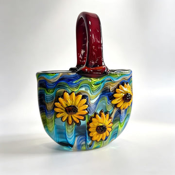 Hand Blown Art Glass Vase Sunflower - 13.4" Murano Style Colorful Sculpture, Unique Bag Design Centerpiece for Table