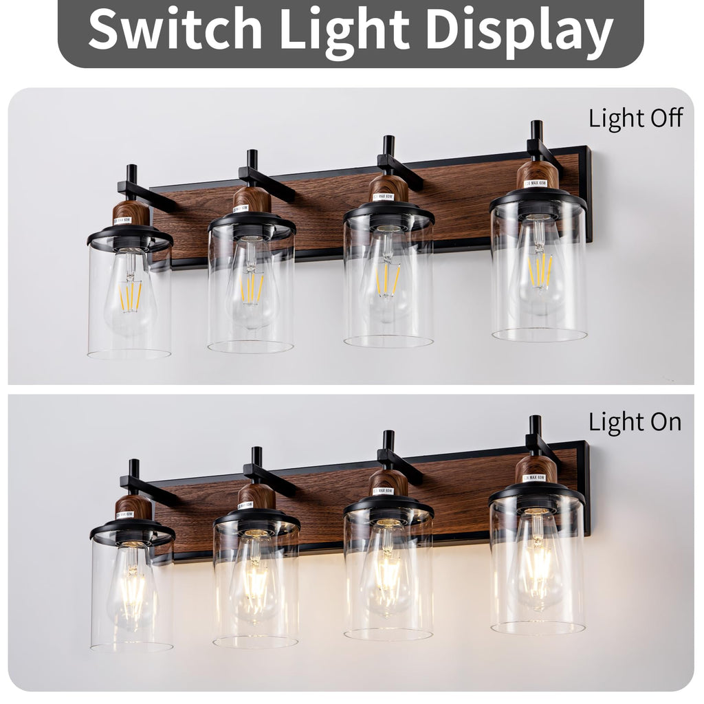 4-Light Farmhouse Bathroom Light Fixtures Vintage Bathroom Vanity Lights Over Mirror Black and Wood Painted Metal