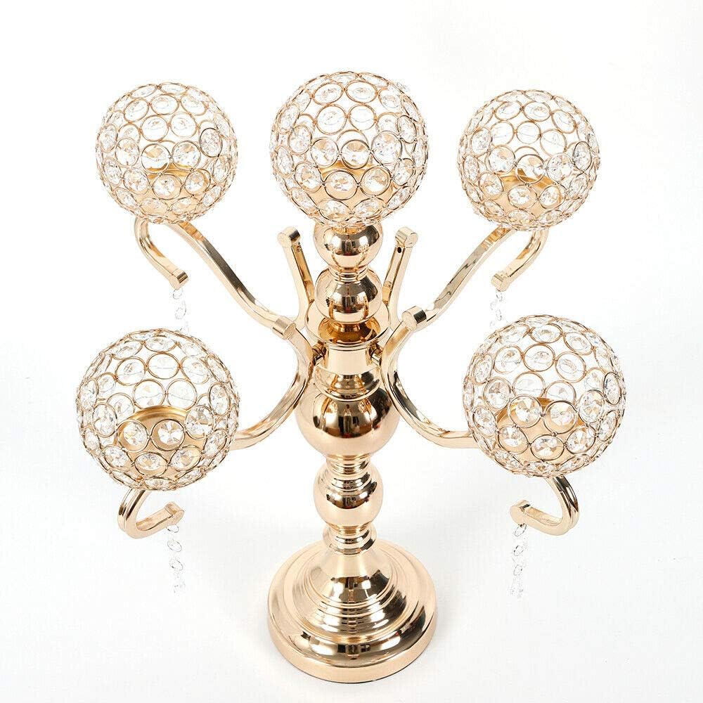5-Arm Silver Crystal Candelabra Candle Holder Tall Floor Candle Holder with Clear Crystal Pendant Candelabras