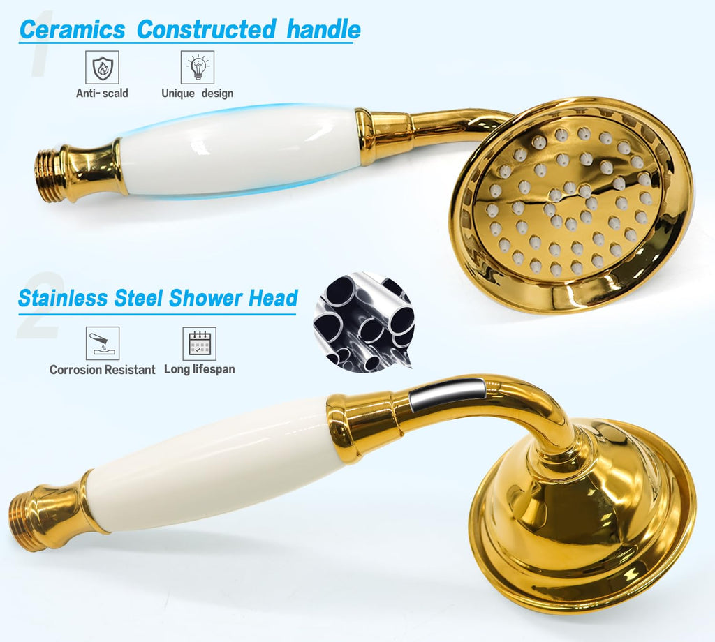 Vintage Hand-held Shower Rain Sprayer Telephone Shaped Ceramic Shower Head with 59 Inch Hose (Gold Finish)