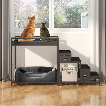 Pet Bunk Bed with Removable Stairs and 2 Drawers, Dogs/Cats Window Perch, Dog Window Seat with Soft Cushion