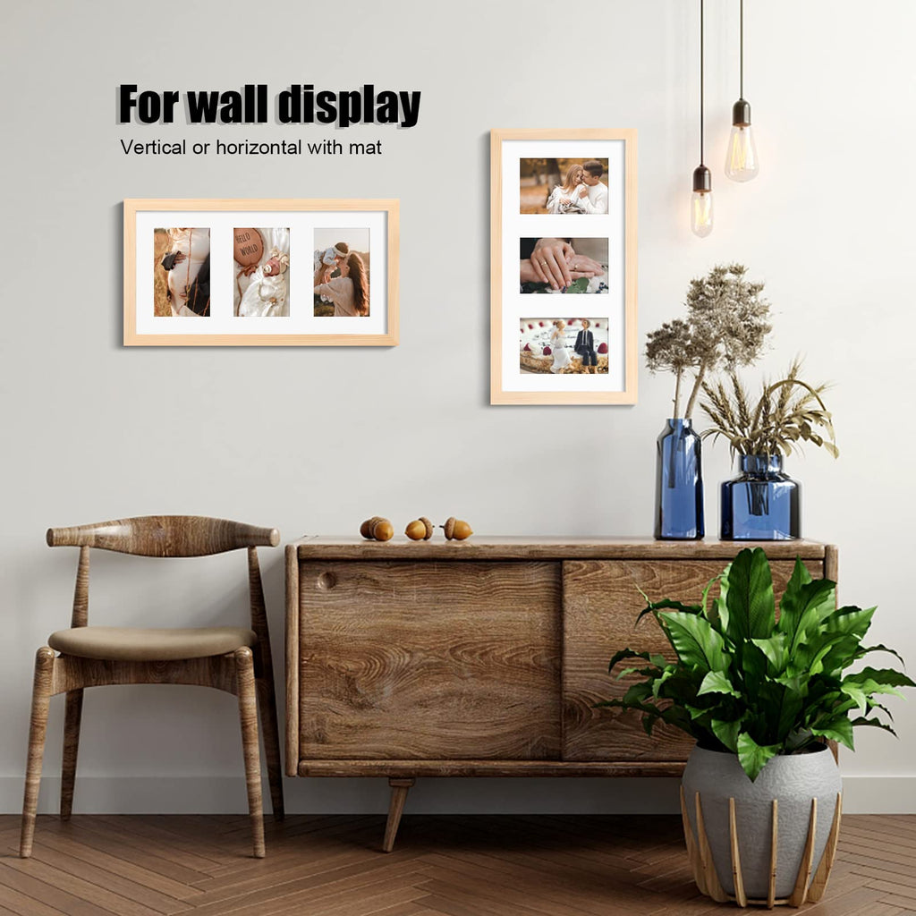 7x14 Picture Frame Solid Wood Natural Frame Matted Three 4x6