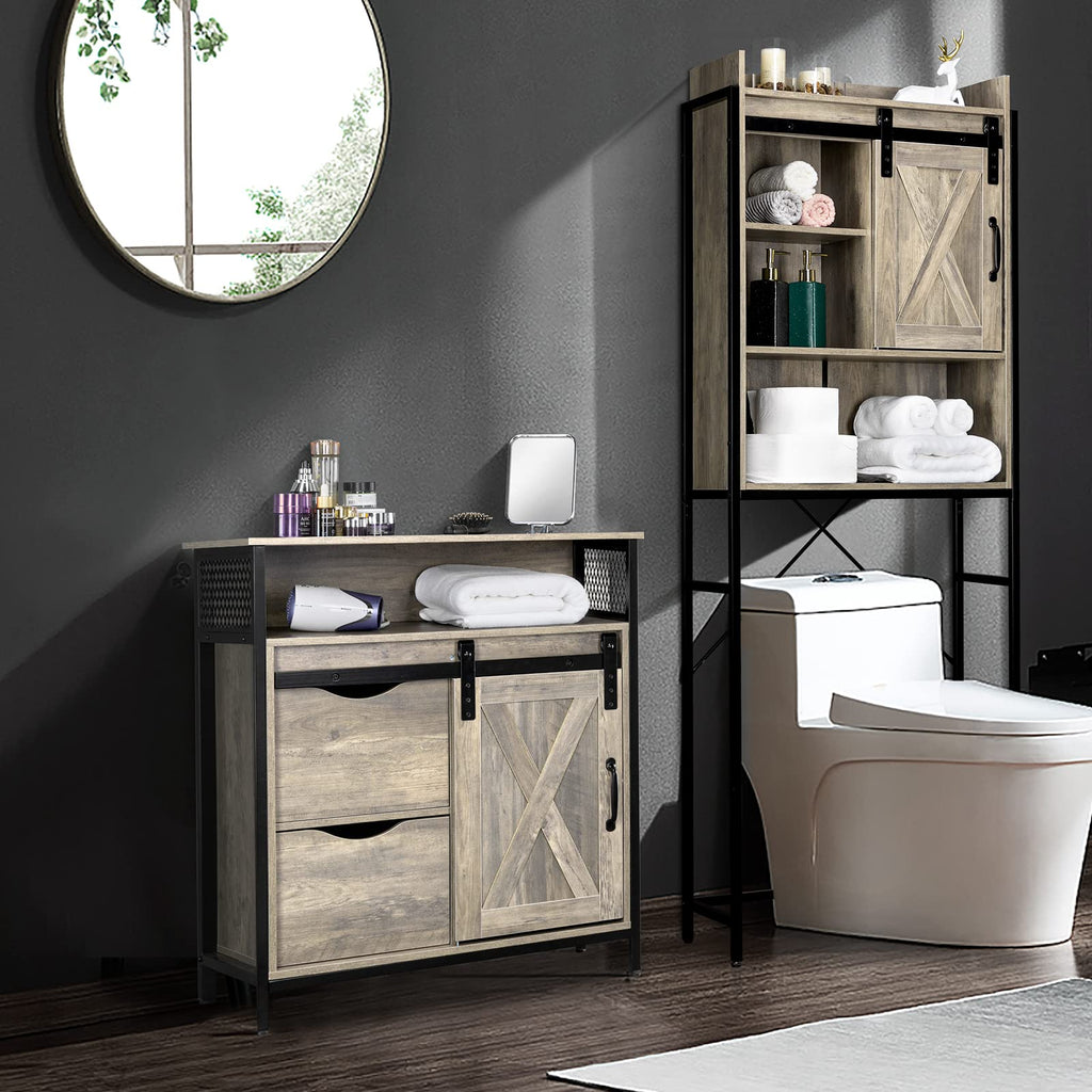 Farmhouse Bathroom Floor Storage Cabinet, Rustic Freestanding Cabinet Organizer w/Sliding Barn Door, 2 Large Drawers