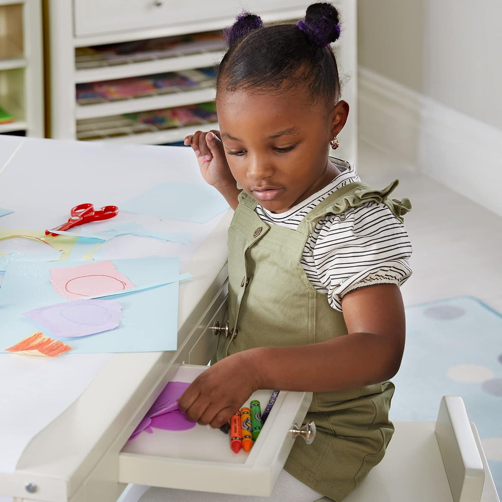 Crafting Kids Art Table with Paper Roll - Linen White: Kids Craft Desk and Art Organizer for Kids | Wooden Toddler