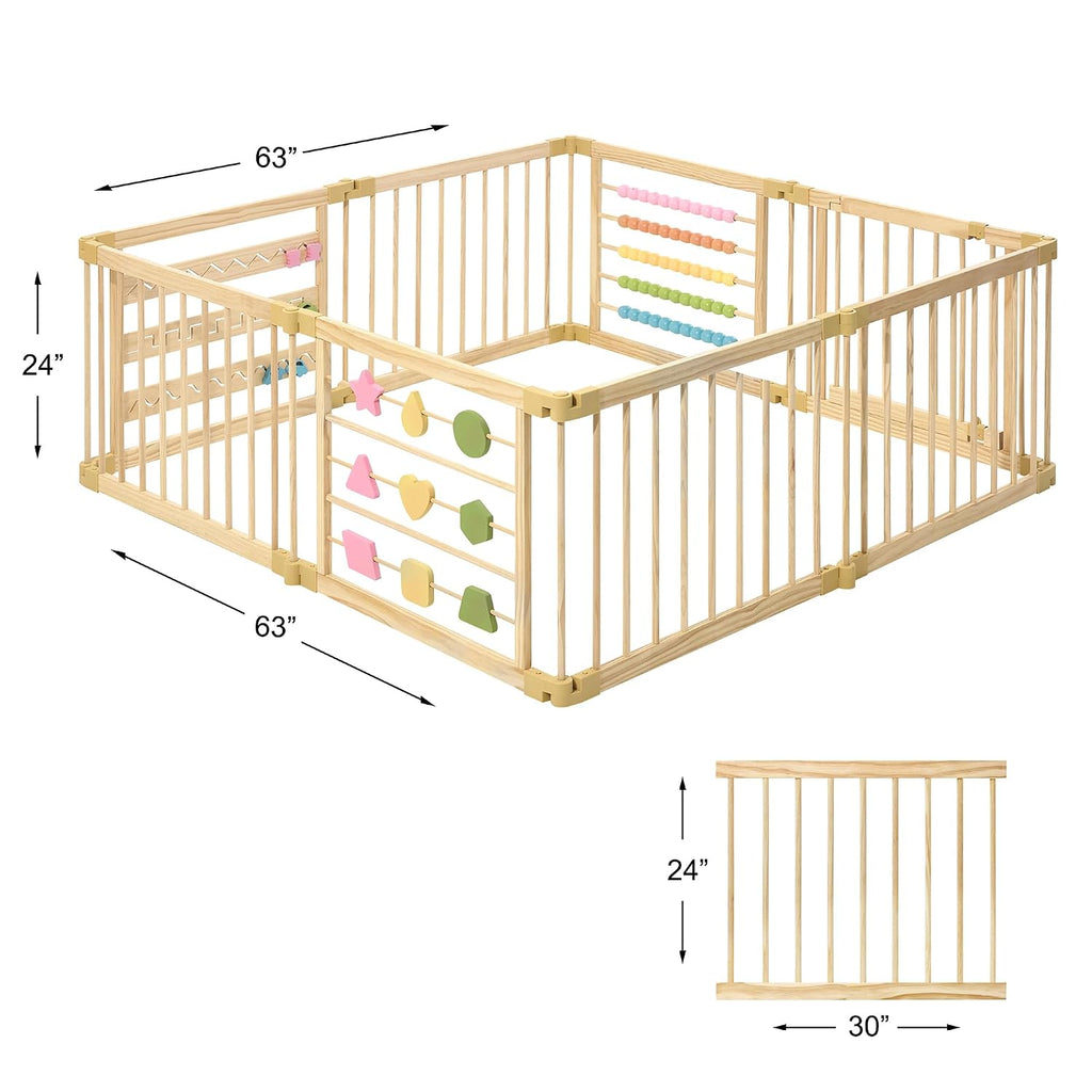 Natural Wood Baby Playpen - 8 or 10 Panel Foldable Play Yard with Door Panel and Built-in Toys, CPC Certified & SGS