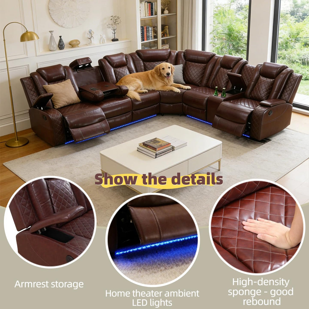 Leather Power Reclining Sectional Sofa with USB charging