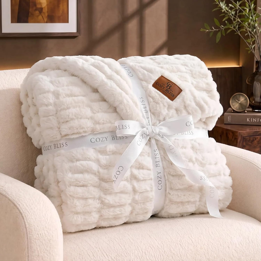 Premium Ruched Faux Fur Throw Blanket for Couch, Double-Sided Soft Textured Fuzzy Plush Blanket Decor, Bed & Living