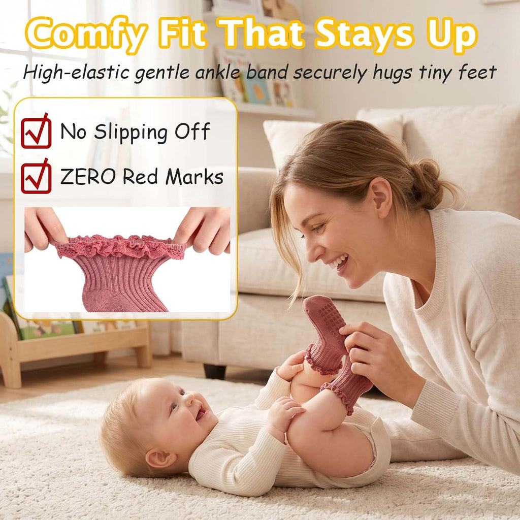 Baby Girl Ruffle Socks with Grips Soft Cotton Non Slip Ankle Socks