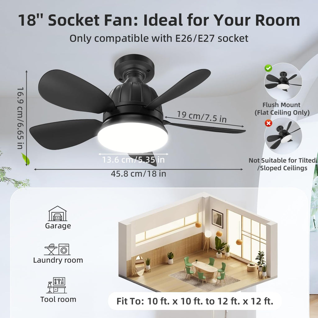 Socket Fan Light with Remote: 18'' Small Ceiling Fans with Lights, 2000 Lumens Dimmable Led Bulb, 3 Colors 3000K-6500K, Easy Install Screw in E26 Base for Bedroom Living Room Kitchen Garage A101-B0D49PQTNZ