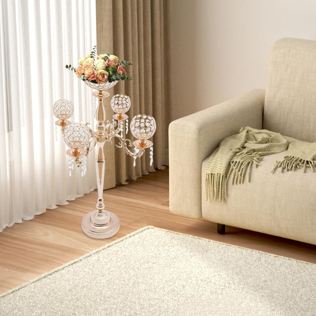 Gold Centerpieces for Table, 5 Arm Crystal Candelabra Holder with Pendant, 4 Candle Slots & 1 Flower Vase, Table