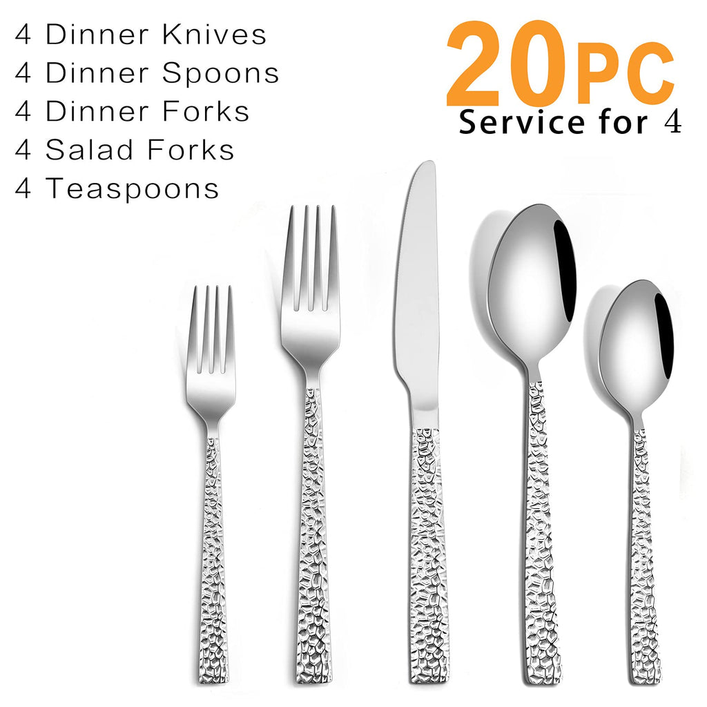 Hammered Silverware Set, 20-Piece Stainless Steel Flatware for 4