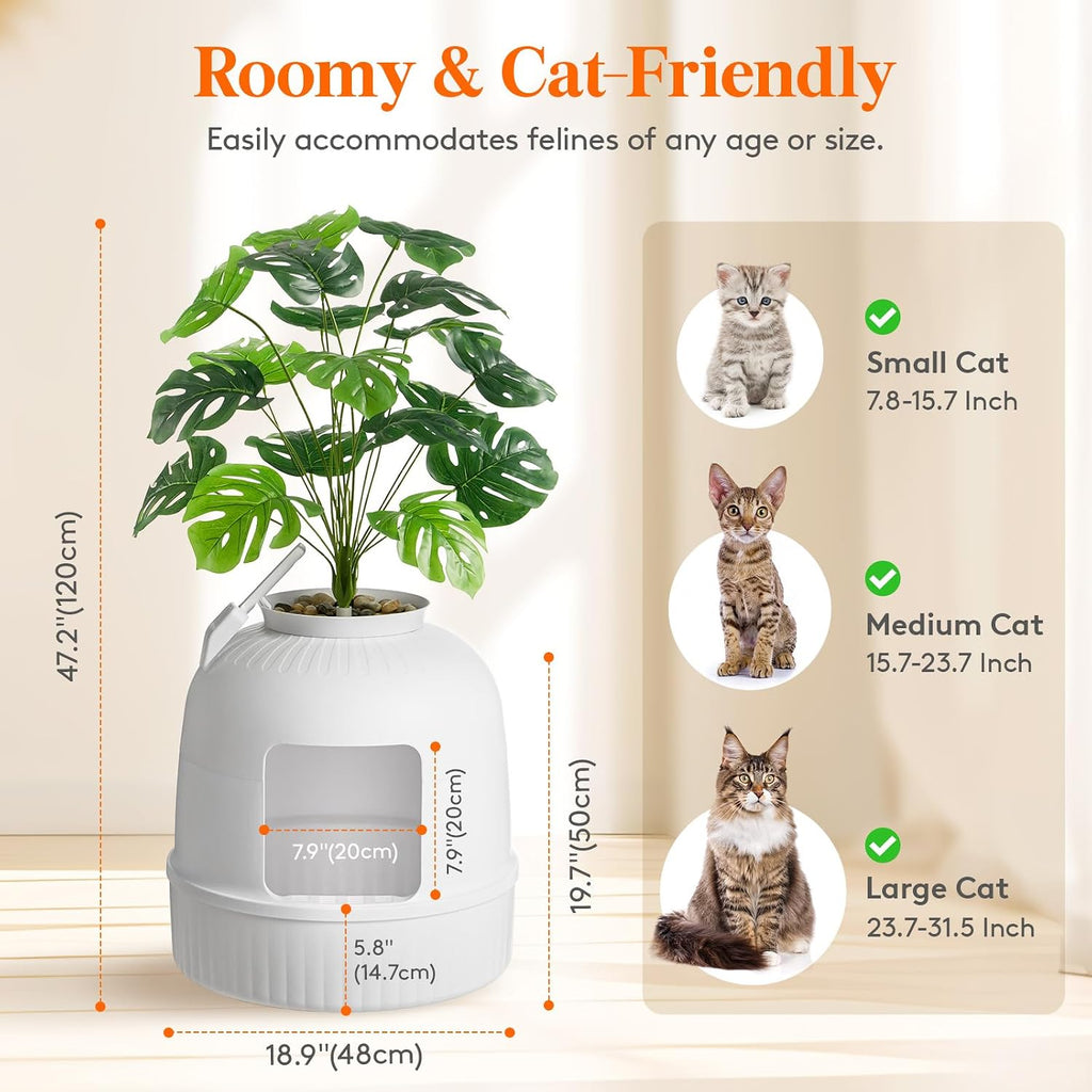 Hidden Plant Cat Litter Box with Plastic Scoop, White
