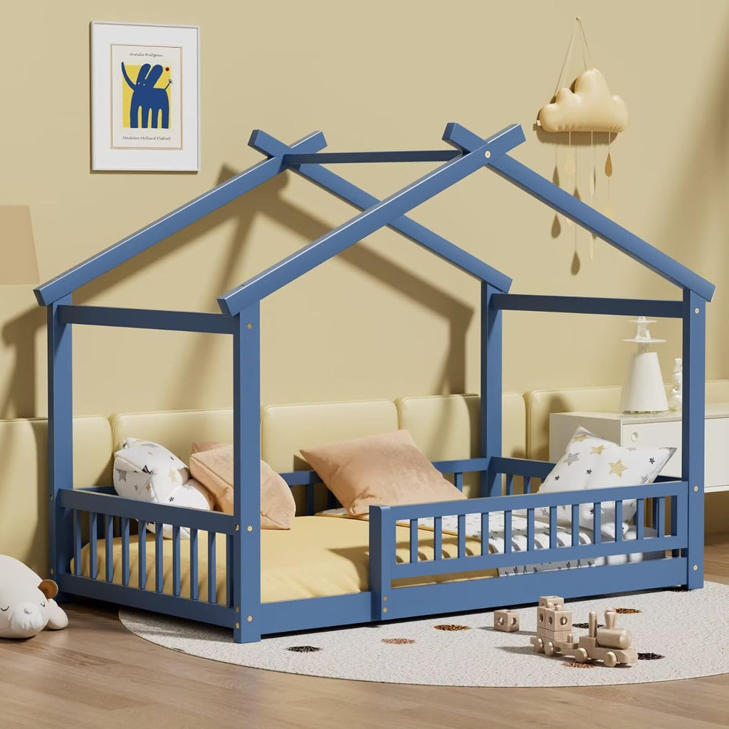 House‐Style Floor Bed Frame with Guardrail Fence, Solid Wood Montessori‐Inspired Bed with Wood Slat Support