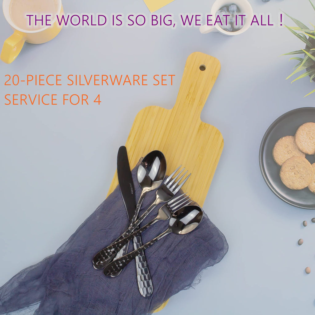 Hammered Silverware Set for 4, 20-Piece Black Flatware, 18/10 Stainless Steel Include Knife/Fork/Spoon, Tableware