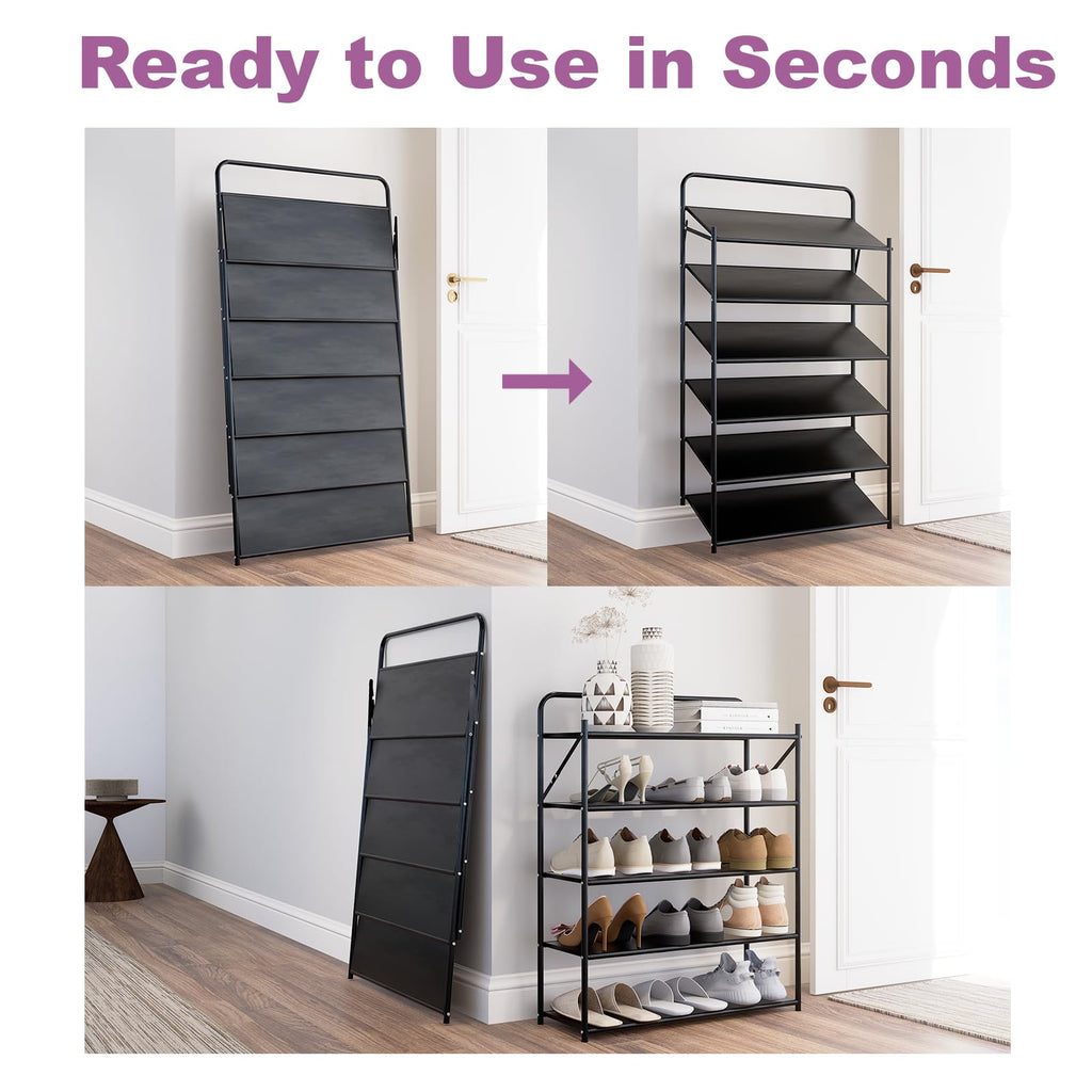 6 Tier No-Assembly Shoe Rack, Foldable Shoes Rack Organizer Without Installation, Portable Solid Metal Shoe Shelves