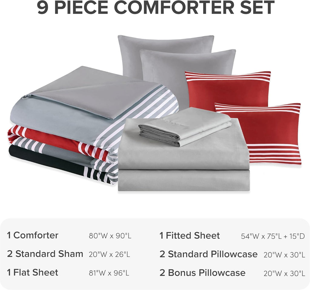 Comforter Sets with Sheets - Bed in a Bag 9 Pieces Teen Bedding Sets , Red and Grey Stripes Bedding Full