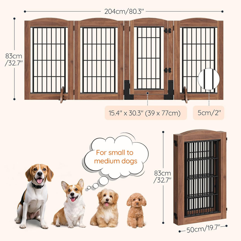 4 Panels Dog Gate Indoor with Door, 32.7'' Tall Freestanding Pet Gate with 2 Support Feet, Foldable Dog Fence