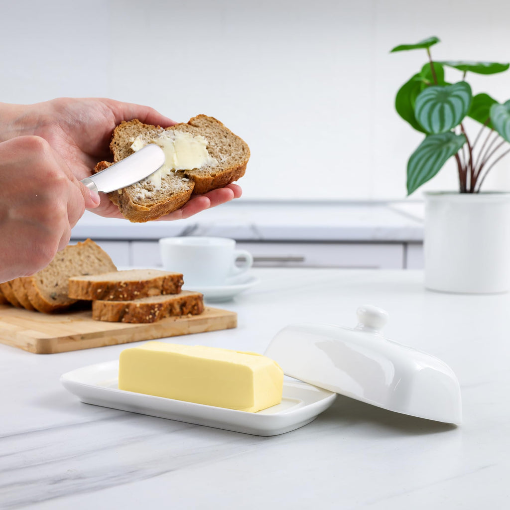 Ceramic Butter Dish with Lid For Countertop & Stainless Steel Knife - Keeps Butter Soft & Fresh - White Butter Dish