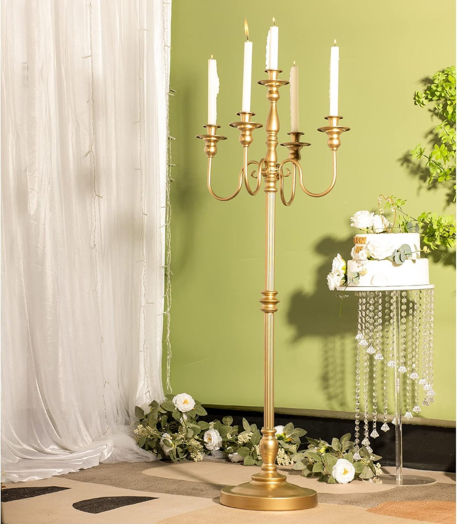 Floor Candelabra Tall 5 Arms Candle Holders, 48" Gold Metal Candlestick for Taper Candle and Floral Centerpiece Stand