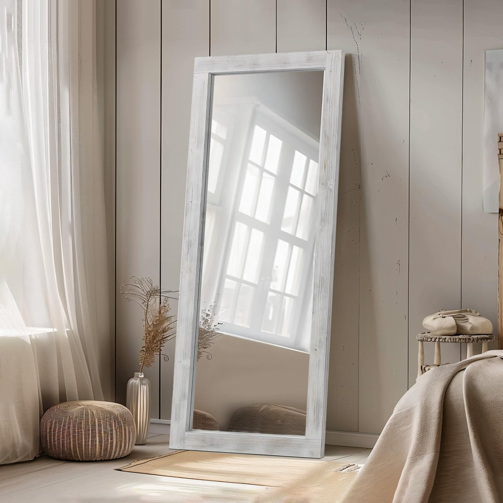 Farmhouse Full Length Mirror Wood Frame 56"x21", Weathering White