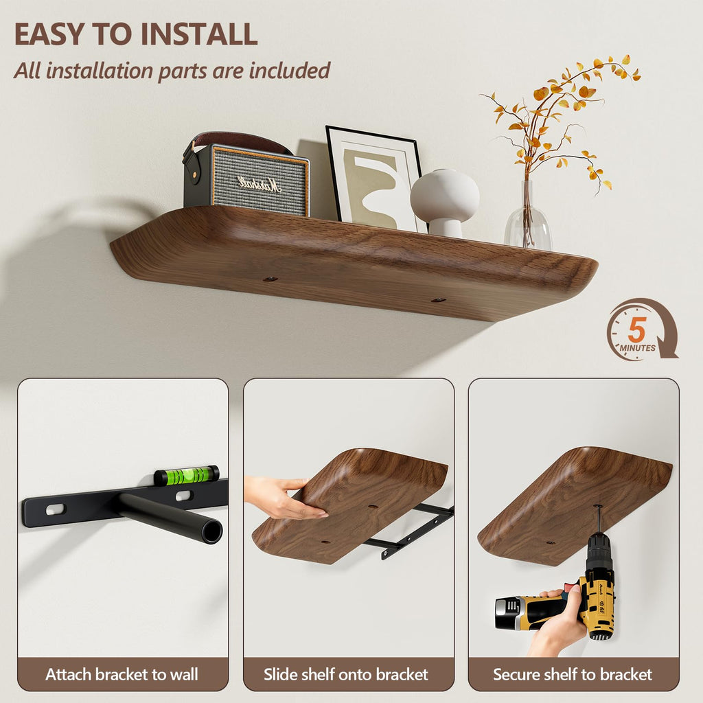 Solid Walnut Floating Shelves for Wall 16.5 Inch Set of 2, Round Edge Wall Mounted Shelf, Rustic Farmhouse Wooden