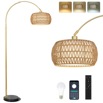 Gold Floor Lamps, Arc Floor Lamp with Remote & Dimmable Bulb, Boho Rattan Standing lamp with 3 Color Temperatures