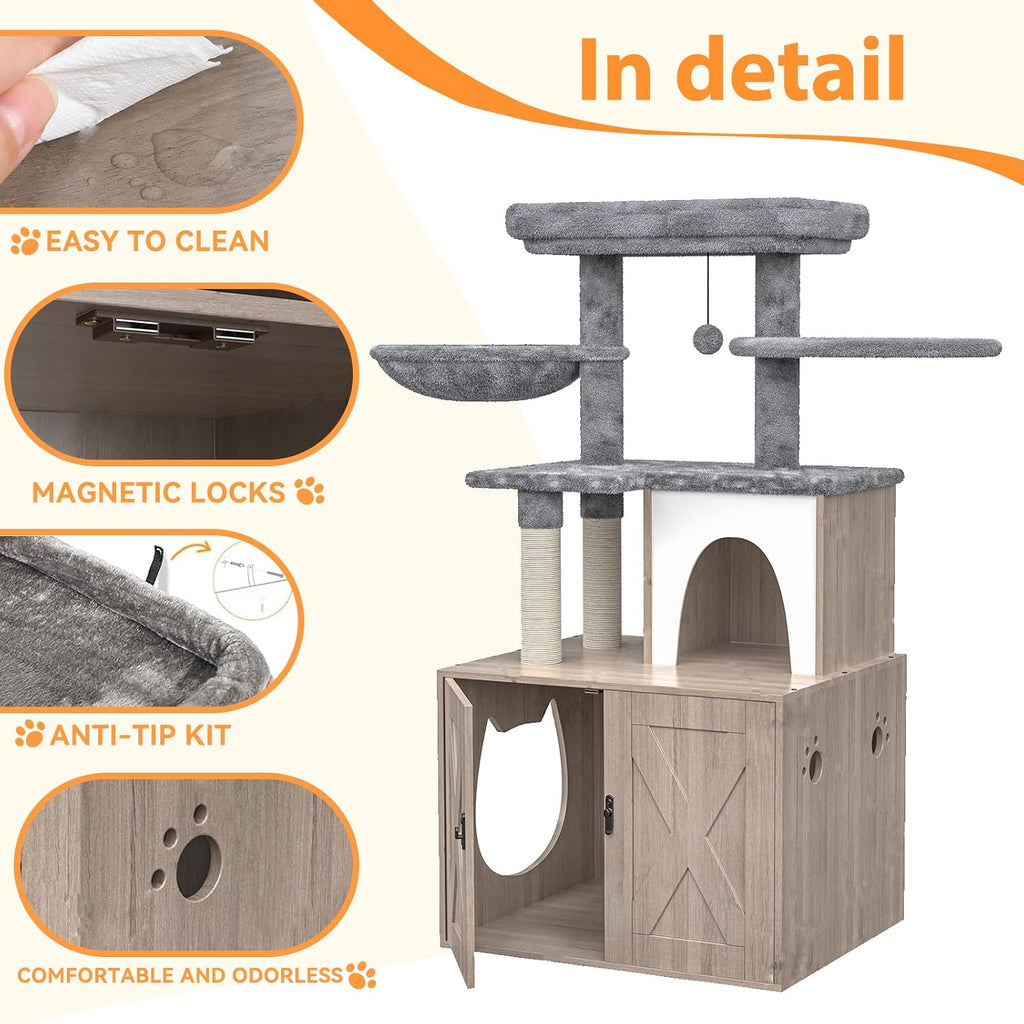Litter Box Enclosure with Cat Tree, Cat Tree with Litter Box Enclosure, Hidden Pet Washroom Furniture with Sisal