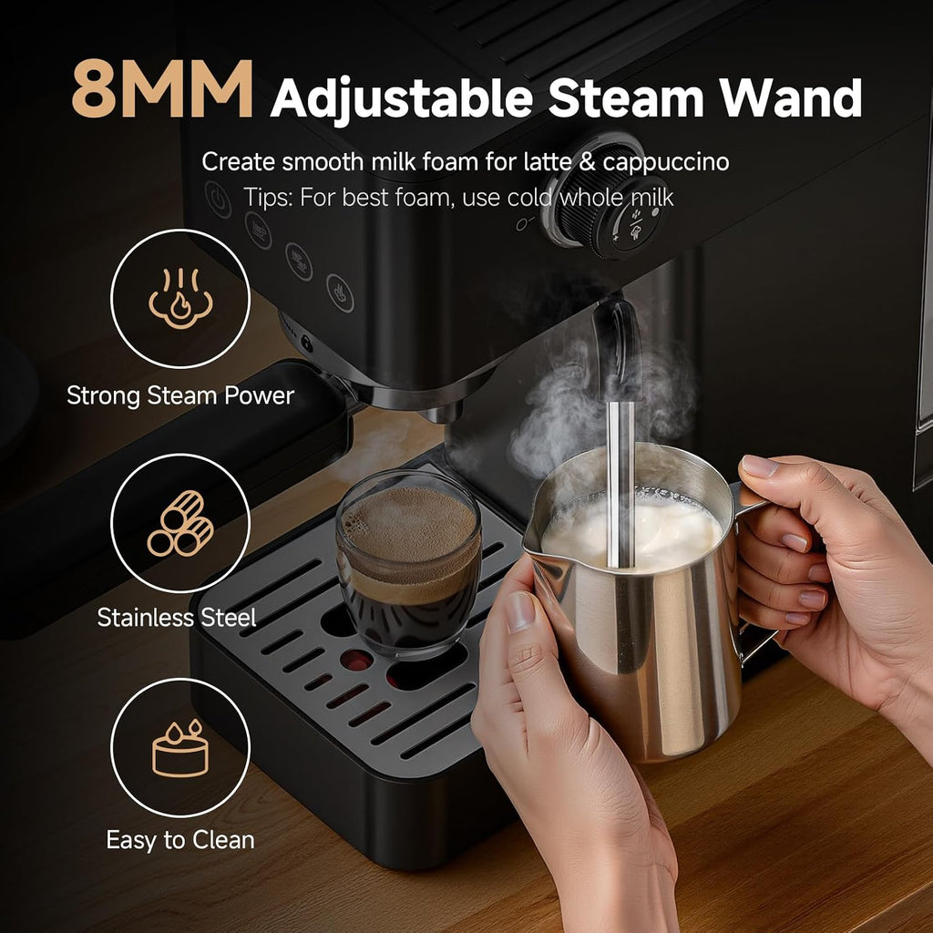 Compact Espresso Machine, 20 Bar, Milk Frother, Latte & Cappuccino | Compact Design, 30s Heat-Up, PID Temp Control