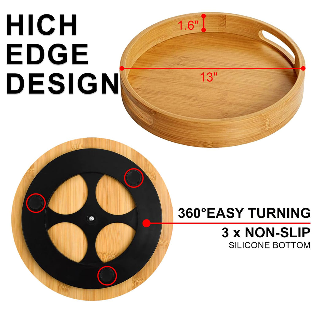 Wooden Lazy Susan Organizer for cabinet-12 Inch Bamboo Kitchen Turntable Organizer with Double Handles-Large Bamboo