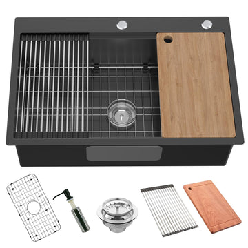 Black 33x22In Drop-in Workstation Sink, Stainless Steel, Single Bowl