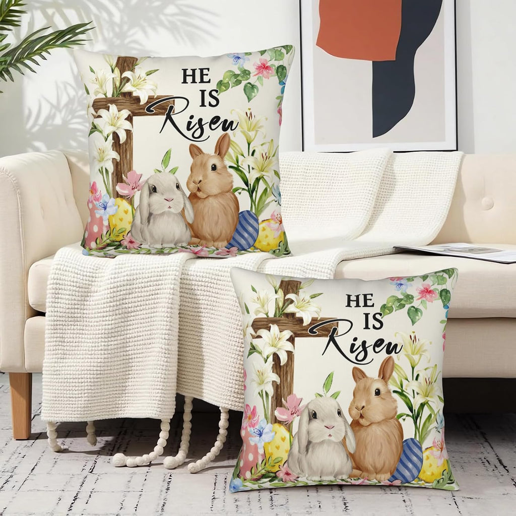 Easter Bunny Pillow Covers 18x18 Inch Rabbit Pattern Decorative Throw Pillow Covers Spring Holiday - Set of 2