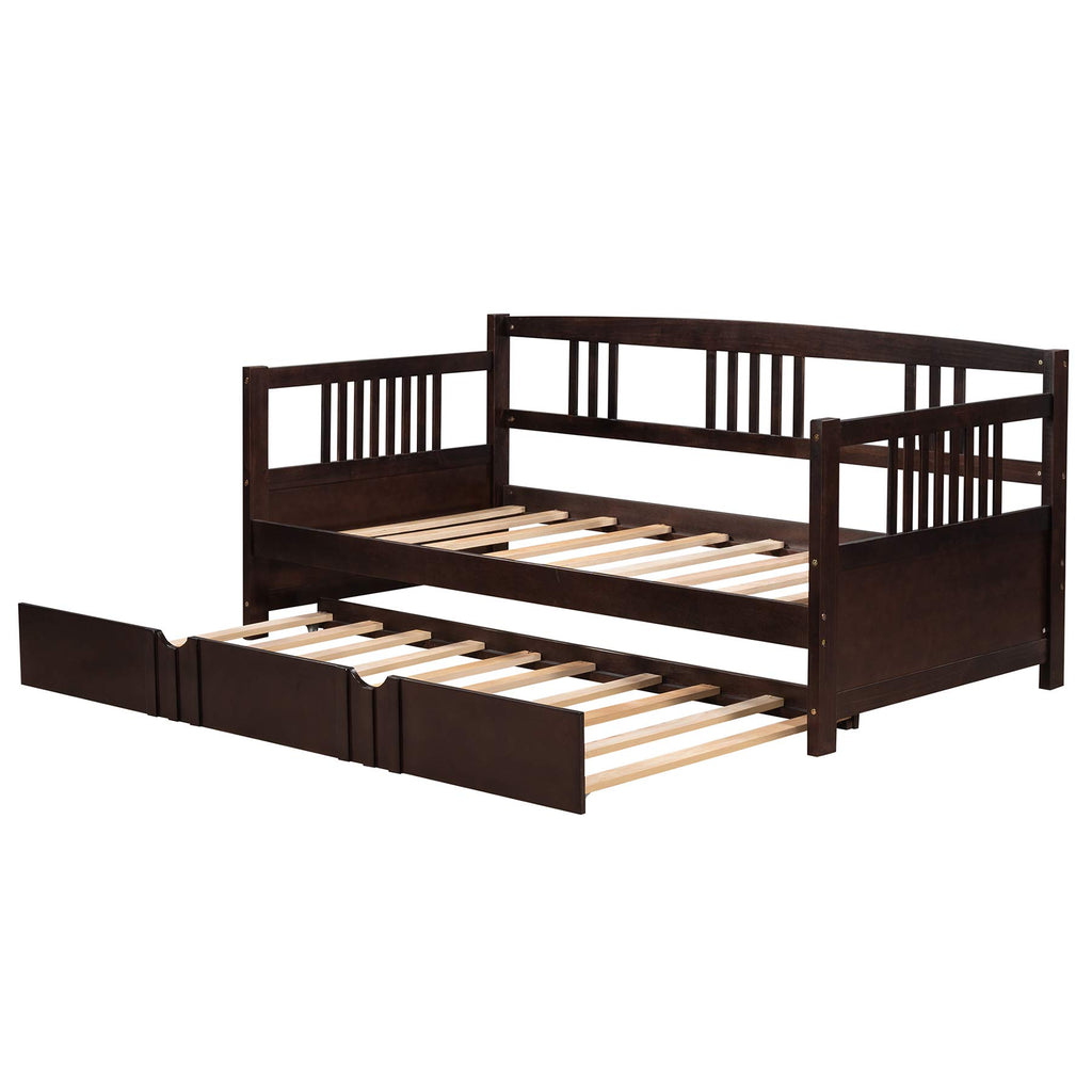 Twin Wood Daybed with Rails, Twin Bed Wooden Slats Support Modern Living Daybed with Trundle Bed, Espresso