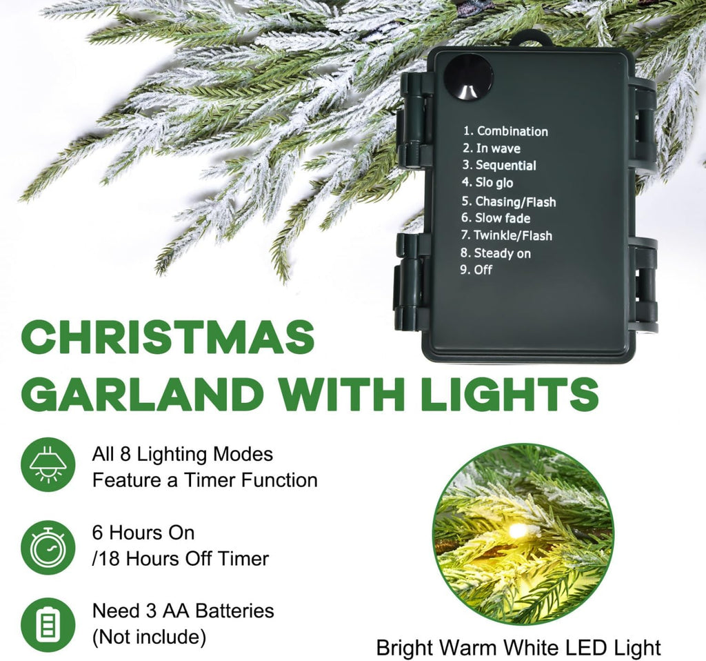 9 FT Flocked Norfolk Pine Garland Christmas Garland with Lights