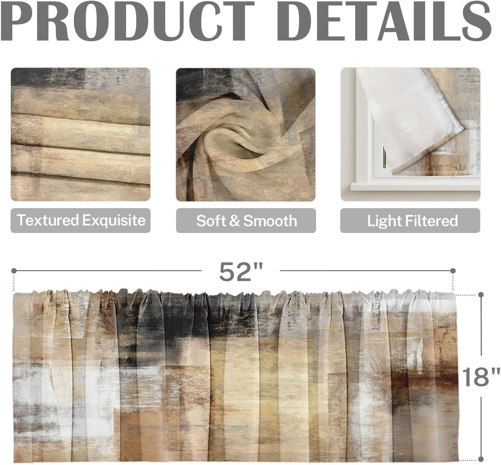 4 Pack Valances Window Treatments, Brown Abstract Modern Art Blackout Drapes Adjustable Curtain for Windows Living