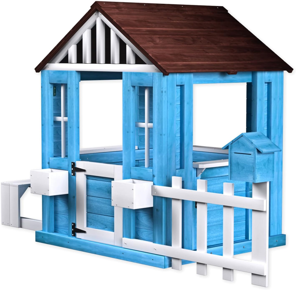 Playhouse foe 3-6 Ages Boys Girls, Wooden Playhouse with Bench Fence Windows Flowerpot Holders & Snack Window, Solid