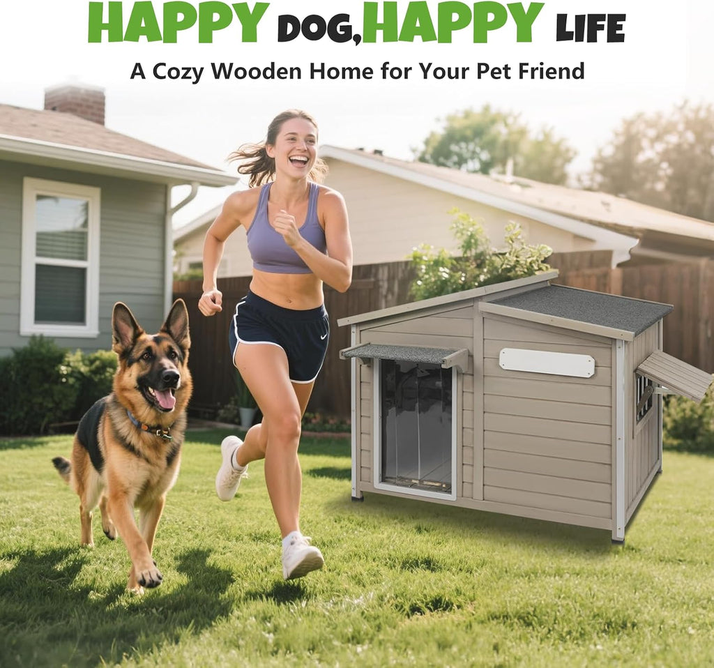 Large Outdoor Wooden Dog House, Weatherproof Dog Houses with Adjustable Vent Windows, Alloy Chew-Resistant Frame
