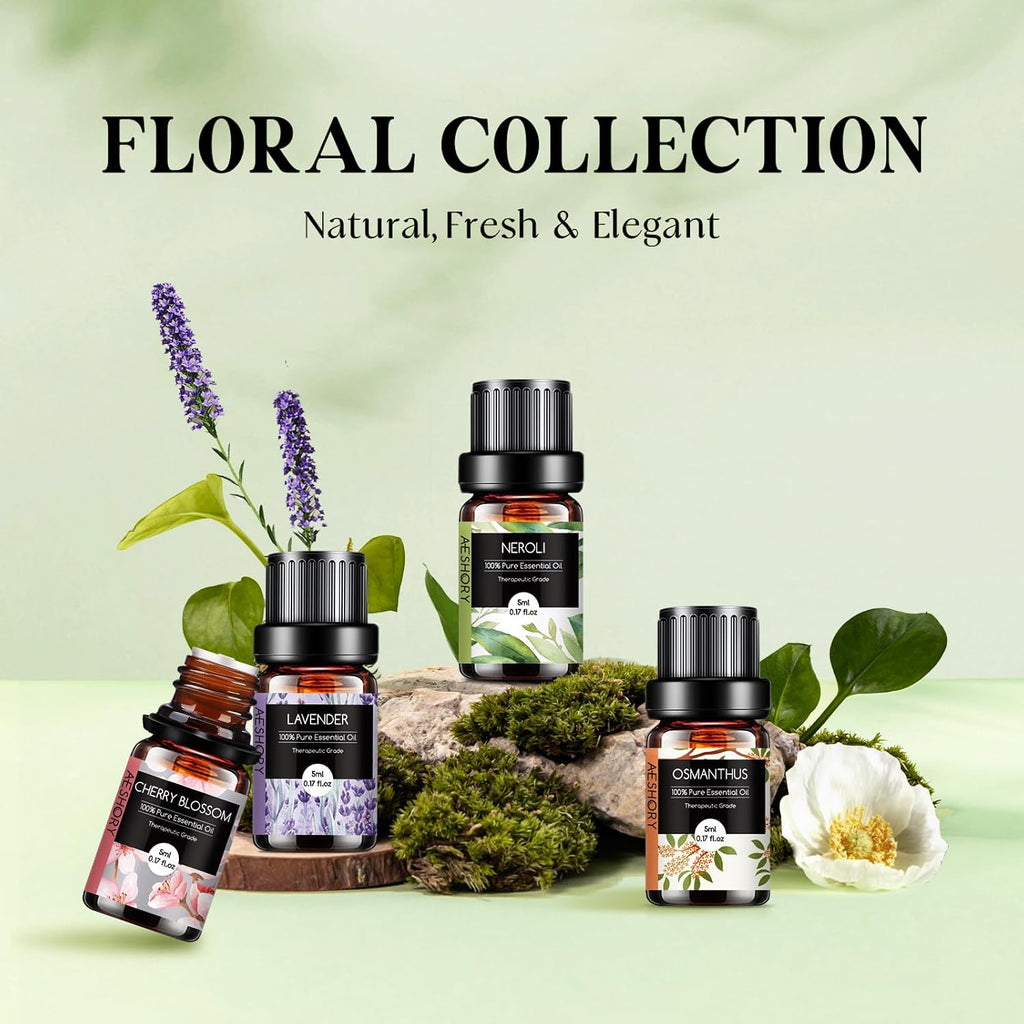 Floral Essential Oils Set - Fragrance Oil for Diffusers, Aromatherapy, Candle Making - Lavender, Geranium - Set of 14